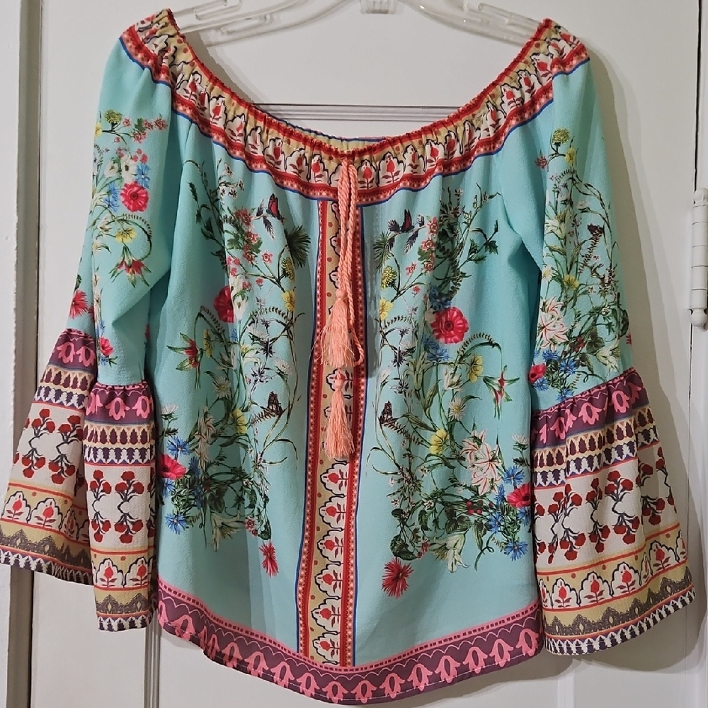 Umgee Floral Bohemian Blouse in Aqua and Coral